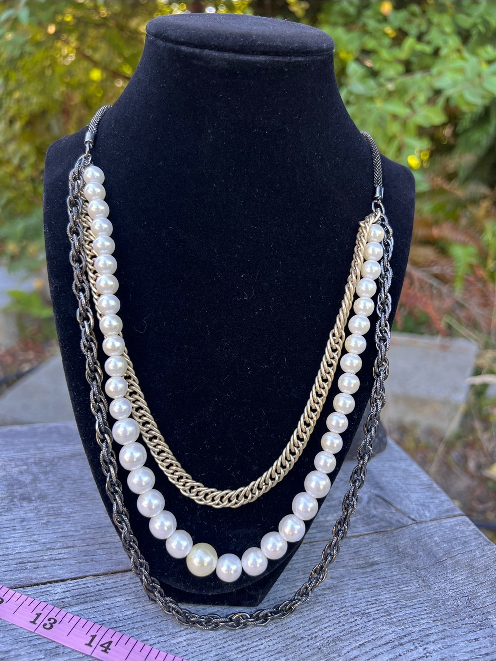 Faux Pearl Bead Necklace with Gold Tone and Gunmetal Chain